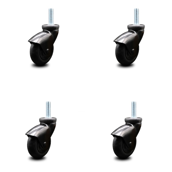 3 Inch Black Hooded Neoprene Rubber 3/8 Inch Threaded Stem Casters SCC, 4PK